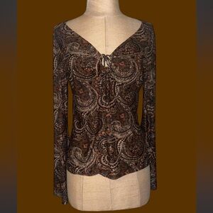 Flared Long sleeve Paisley Long Sleeve Top w Tie Front and V-neckline - Brown
